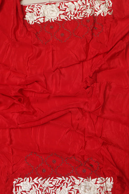 Exquisite Red Hand Embroidered Parsi Gara Border Crepe Flower Design Saree - Luxurion World