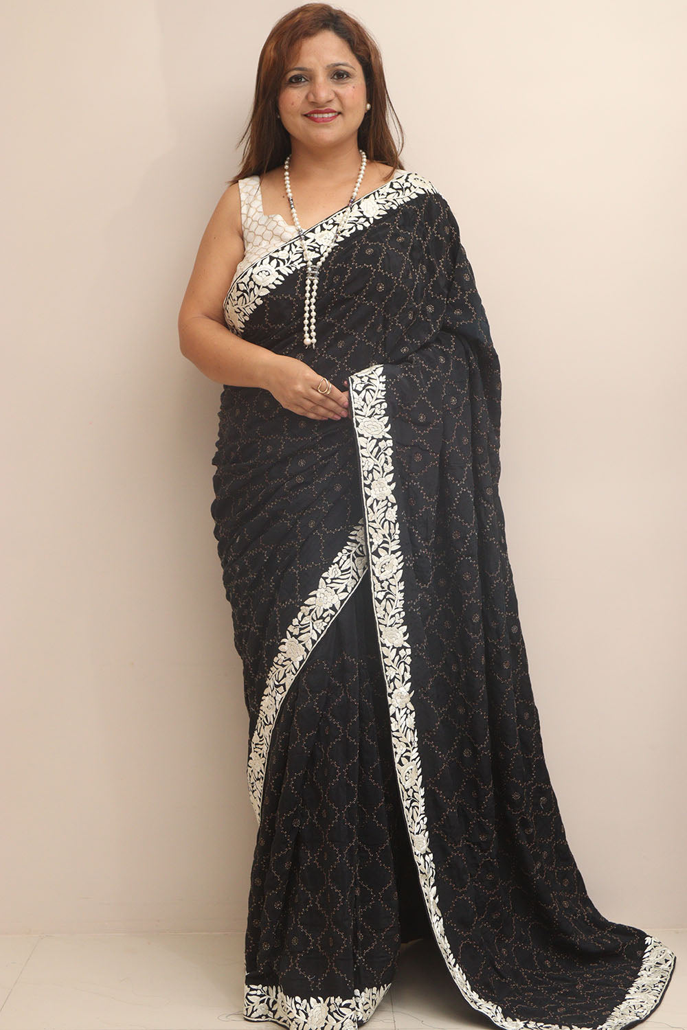 Exquisite Black Hand Embroidered Parsi Gara Border Crepe Flower Design Saree - Luxurion World