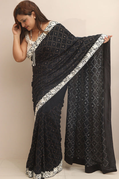Exquisite Black Hand Embroidered Parsi Gara Border Crepe Flower Design Saree - Luxurion World