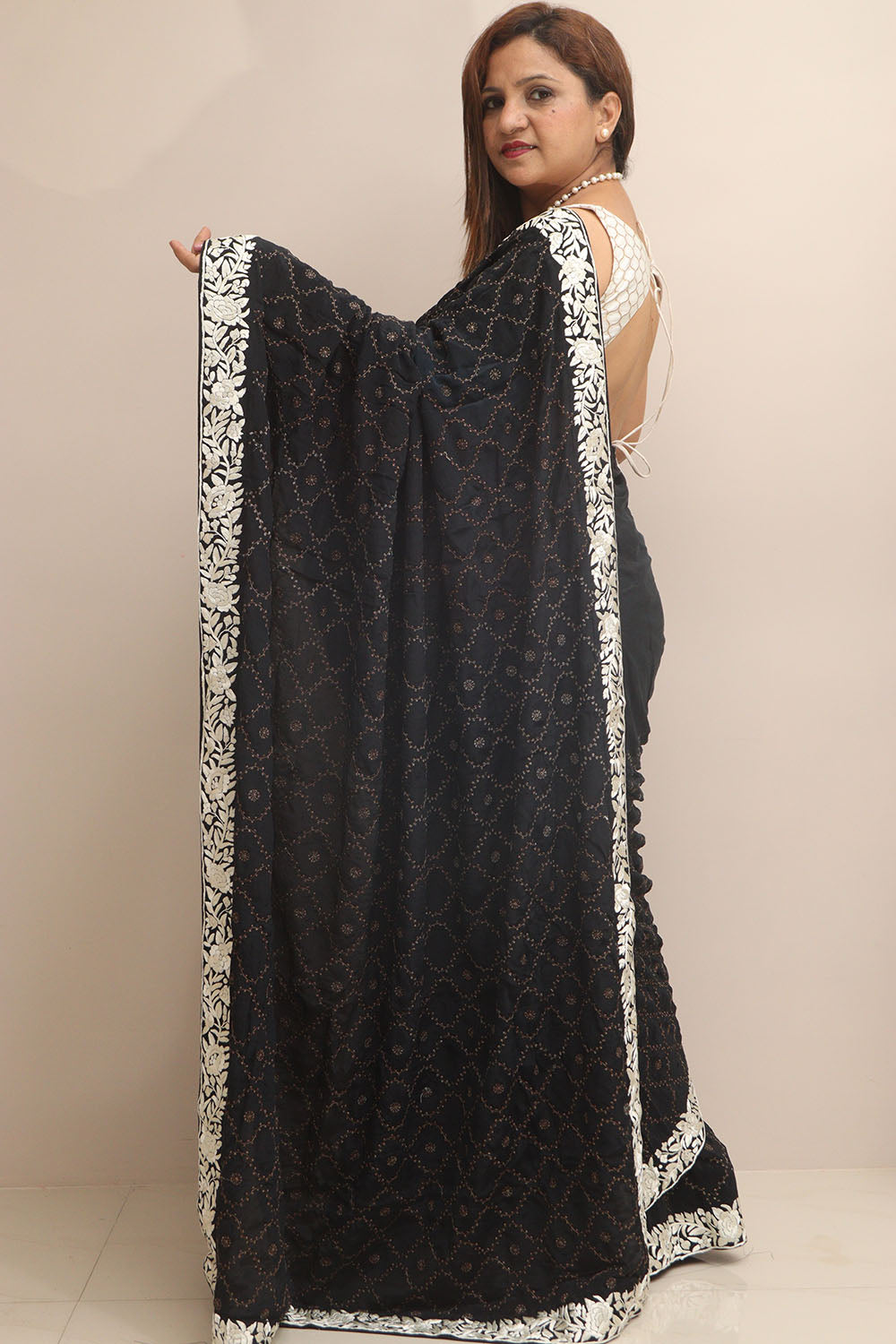 Exquisite Black Hand Embroidered Parsi Gara Border Crepe Flower Design Saree - Luxurion World