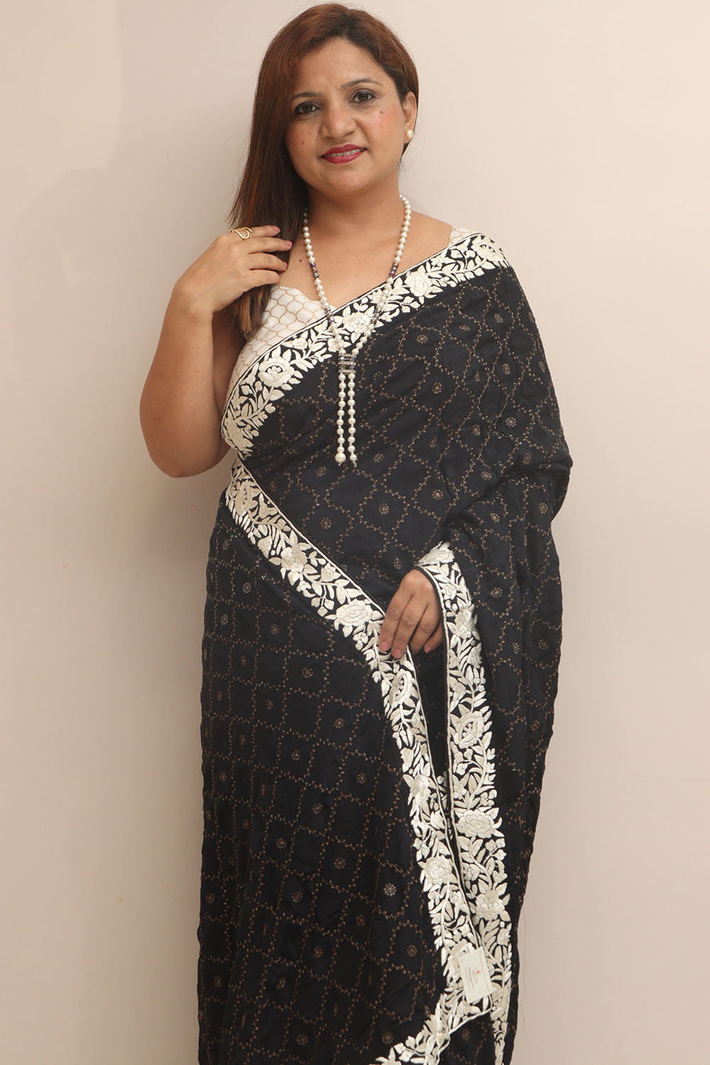 Exquisite Black Hand Embroidered Parsi Gara Border Crepe Flower Design Saree - Luxurion World