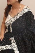 Exquisite Black Hand Embroidered Parsi Gara Border Crepe Flower Design Saree - Luxurion World