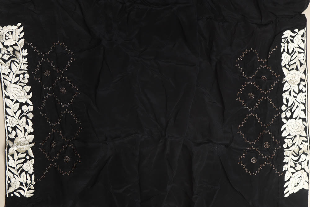 Exquisite Black Hand Embroidered Parsi Gara Border Crepe Flower Design Saree - Luxurion World
