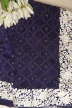 Blue Hand Embroidered Parsi Gara Border Crepe Flower Design Saree - Luxurion World