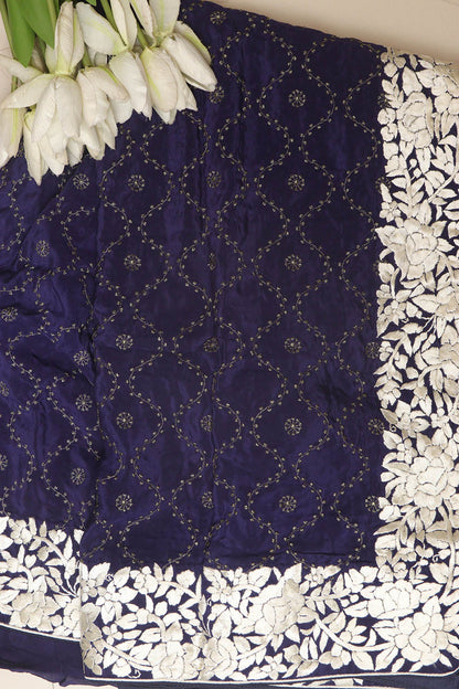 Blue Hand Embroidered Parsi Gara Border Crepe Flower Design Saree - Luxurion World