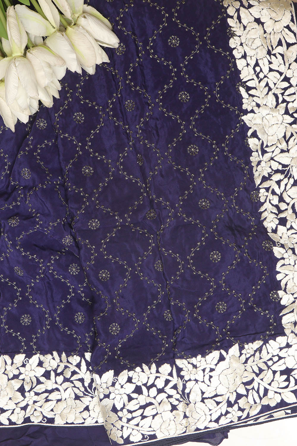 Blue Hand Embroidered Parsi Gara Border Crepe Flower Design Saree - Luxurion World