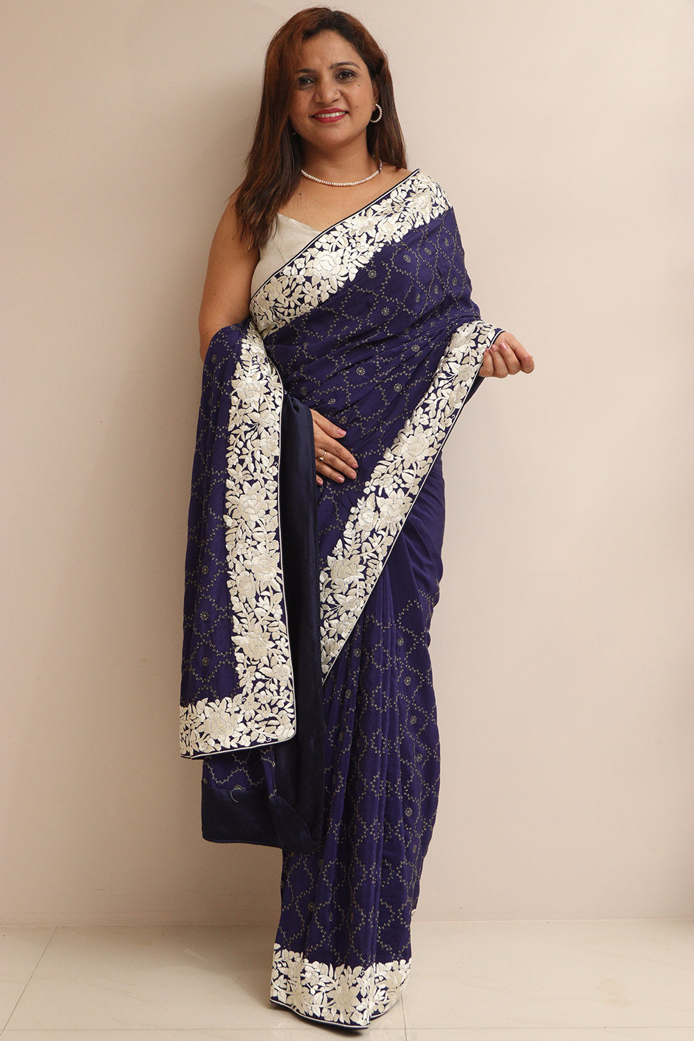 Blue Hand Embroidered Parsi Gara Border Crepe Flower Design Saree - Luxurion World