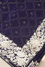 Blue Hand Embroidered Parsi Gara Border Crepe Flower Design Saree - Luxurion World
