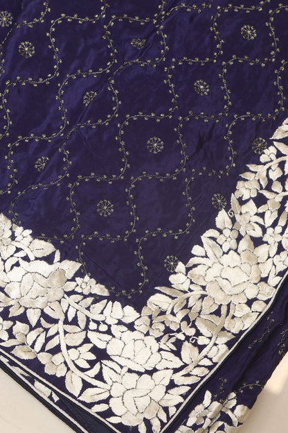 Blue Hand Embroidered Parsi Gara Border Crepe Flower Design Saree - Luxurion World