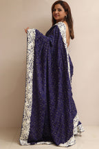 Blue Hand Embroidered Parsi Gara Border Crepe Flower Design Saree - Luxurion World