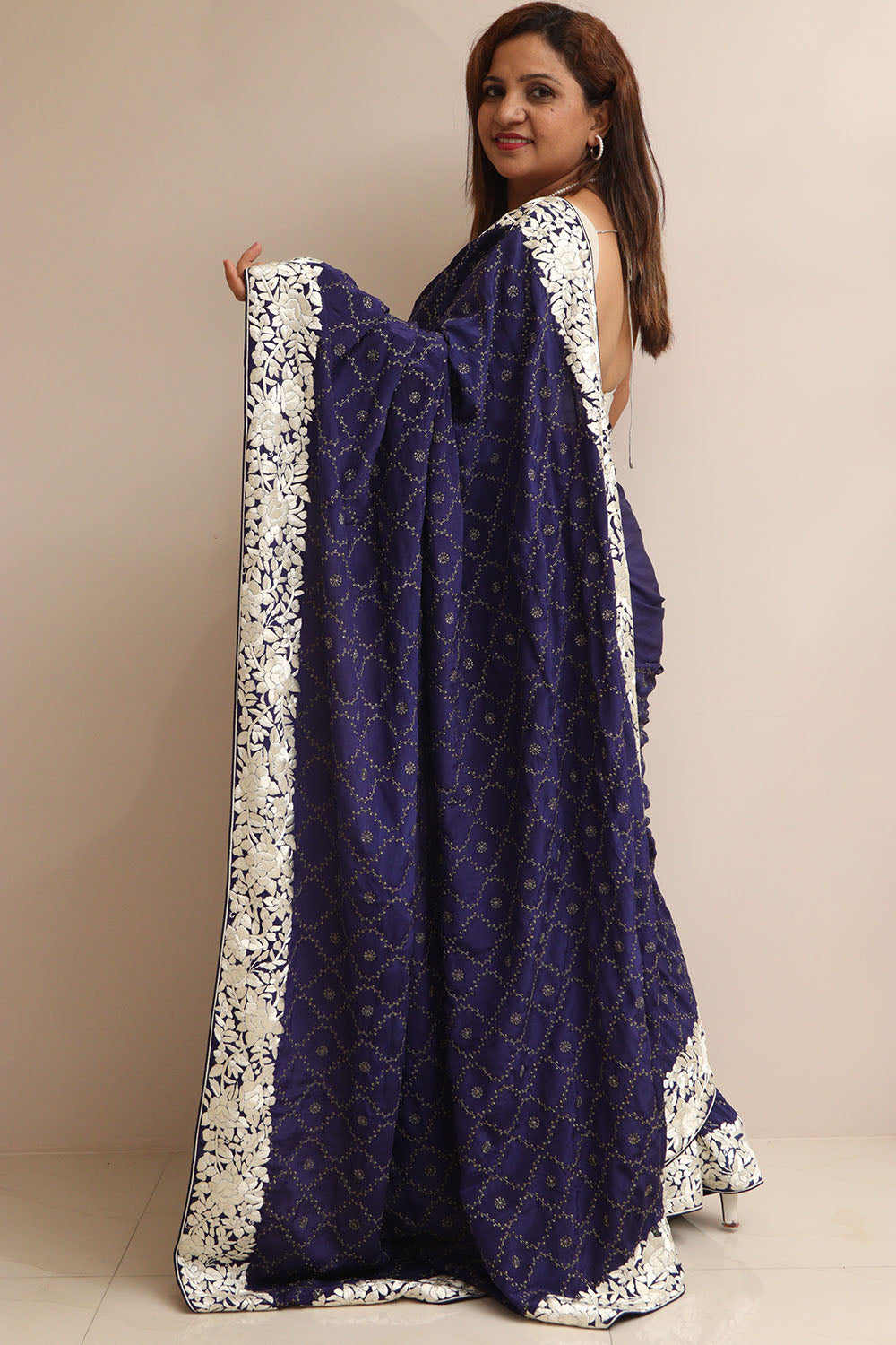 Blue Hand Embroidered Parsi Gara Border Crepe Flower Design Saree - Luxurion World