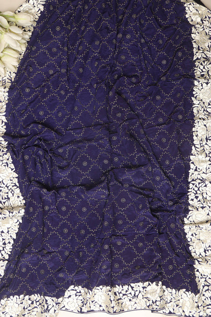 Blue Hand Embroidered Parsi Gara Border Crepe Flower Design Saree - Luxurion World