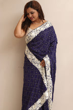 Blue Hand Embroidered Parsi Gara Border Crepe Flower Design Saree - Luxurion World