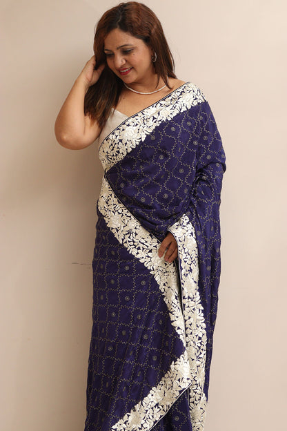 Blue Hand Embroidered Parsi Gara Border Crepe Flower Design Saree - Luxurion World