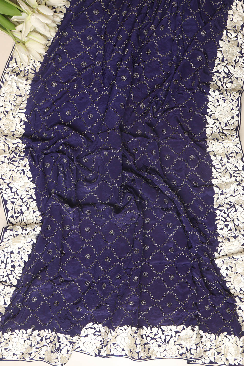 Blue Hand Embroidered Parsi Gara Border Crepe Flower Design Saree - Luxurion World