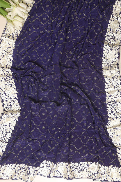 Blue Hand Embroidered Parsi Gara Border Crepe Flower Design Saree - Luxurion World