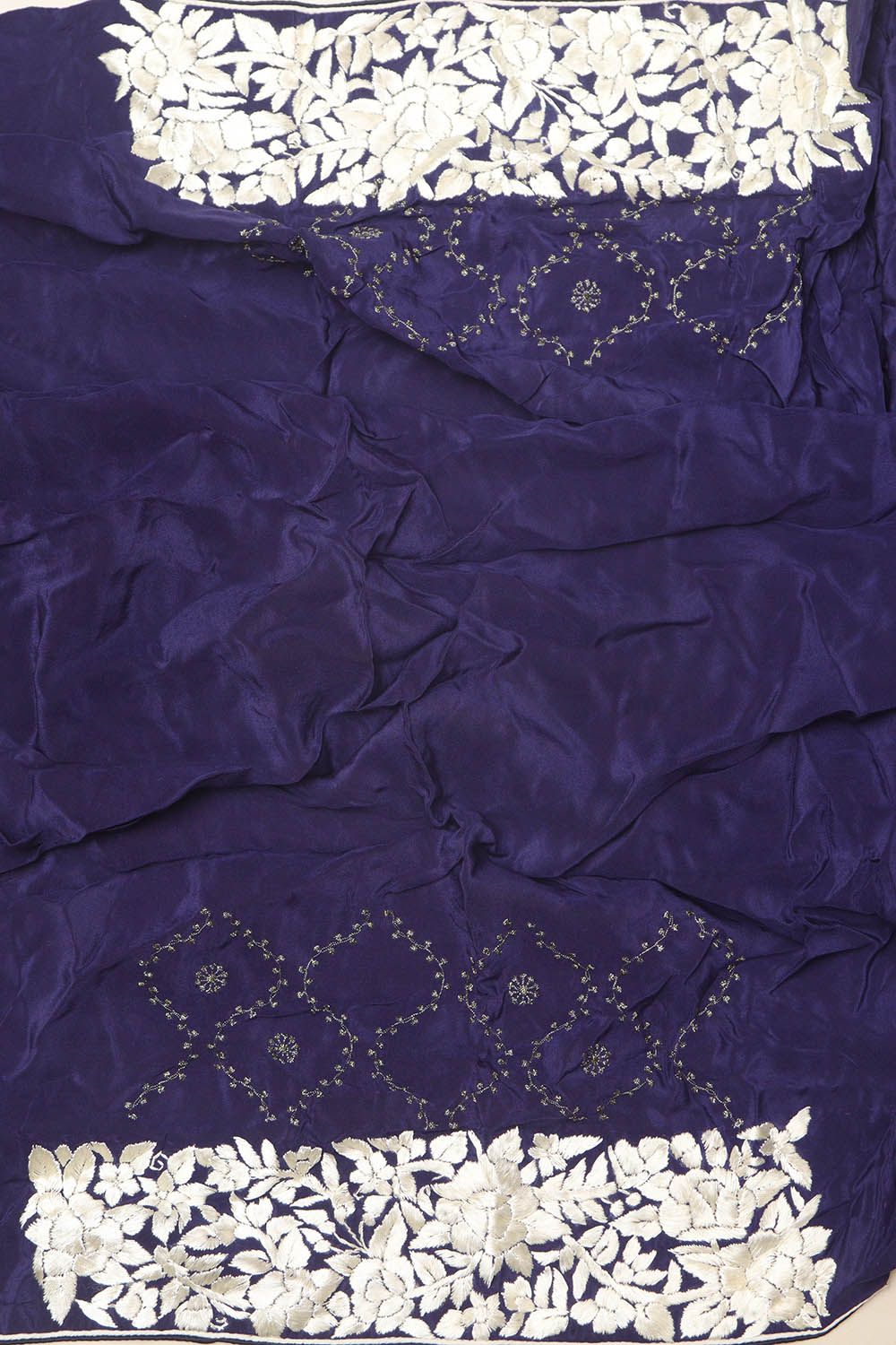 Blue Hand Embroidered Parsi Gara Border Crepe Flower Design Saree - Luxurion World