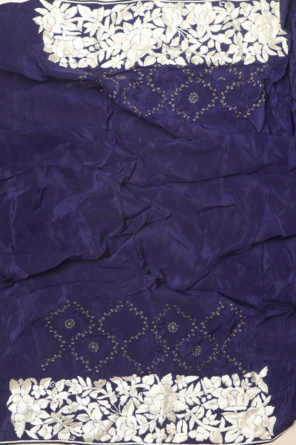 Blue Hand Embroidered Parsi Gara Border Crepe Flower Design Saree - Luxurion World
