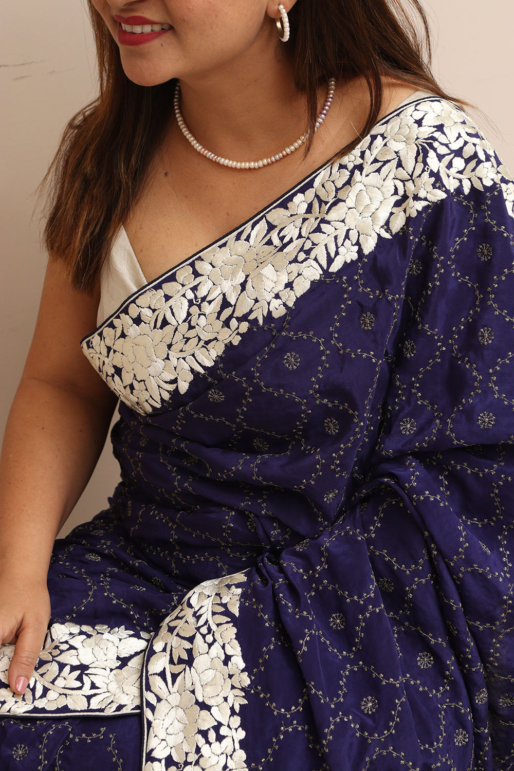 Blue Hand Embroidered Parsi Gara Border Crepe Flower Design Saree - Luxurion World