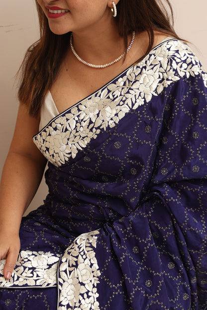 Blue Hand Embroidered Parsi Gara Border Crepe Flower Design Saree - Luxurion World