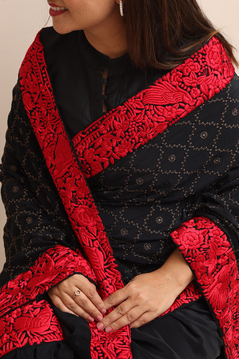 Black And Red Hand Embroidered Parsi Gara Border Crepe Flower Design Saree - Luxurion World
