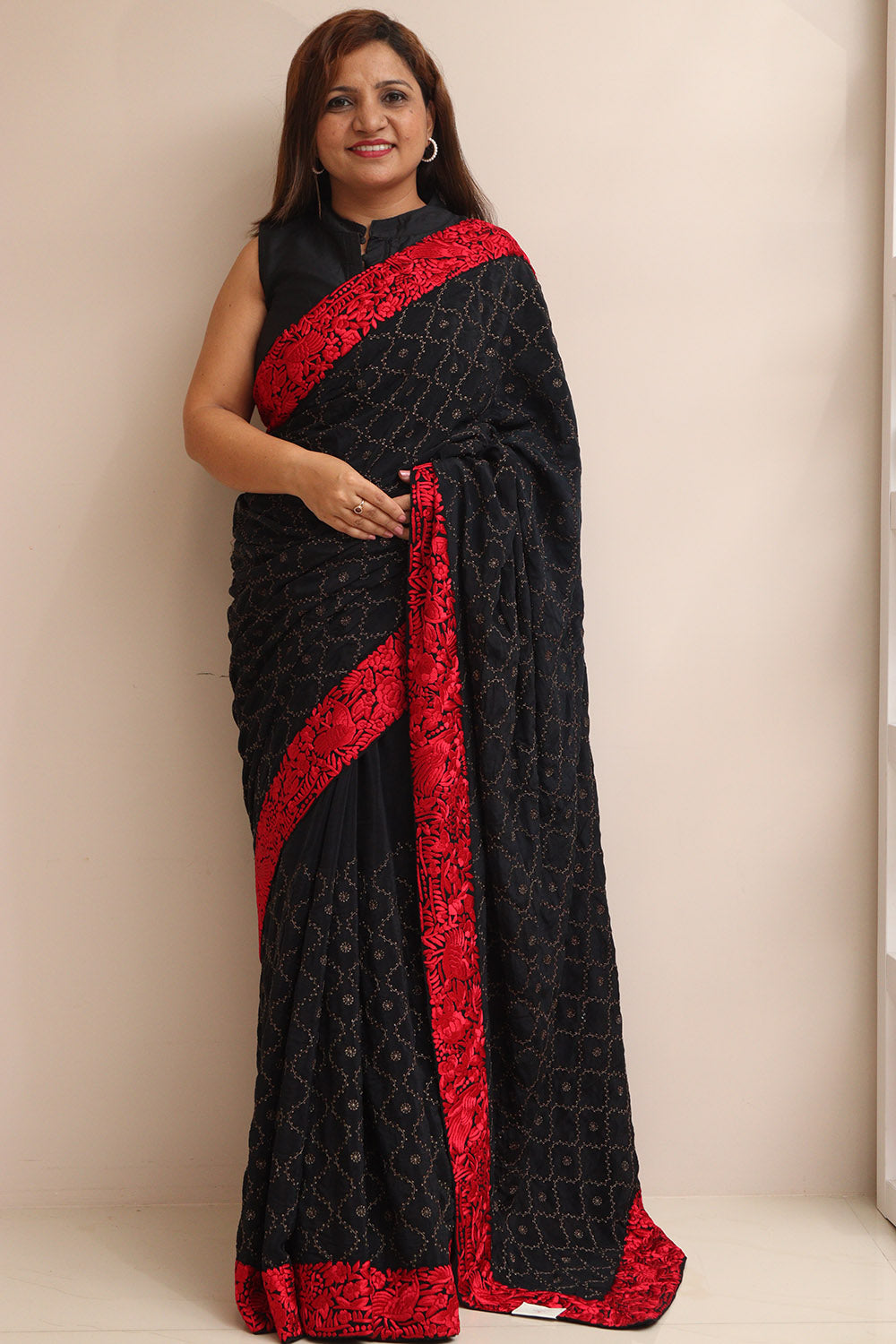 Black And Red Hand Embroidered Parsi Gara Border Crepe Flower Design Saree - Luxurion World