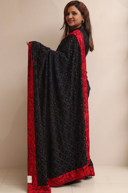 Black And Red Hand Embroidered Parsi Gara Border Crepe Flower Design Saree - Luxurion World