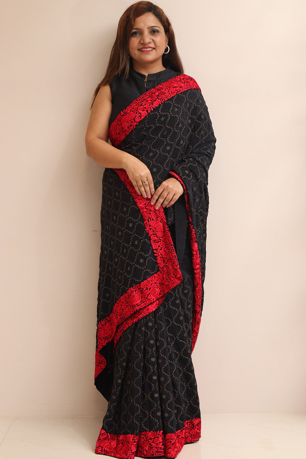 Black And Red Hand Embroidered Parsi Gara Border Crepe Flower Design Saree - Luxurion World