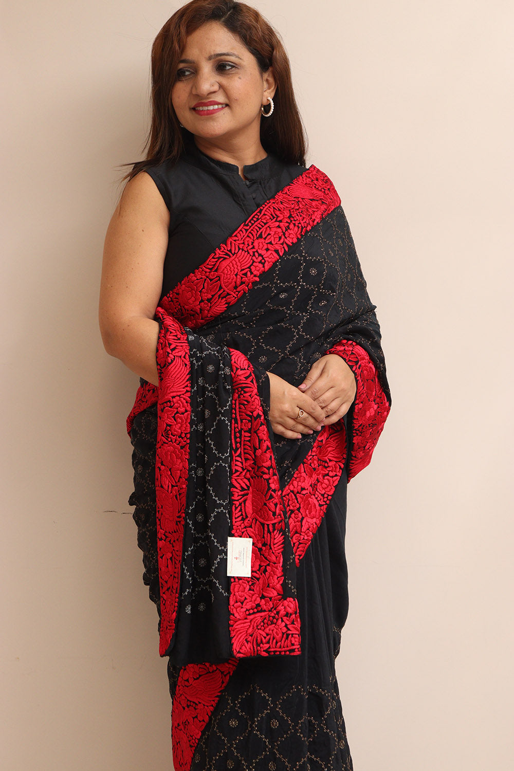 Black And Red Hand Embroidered Parsi Gara Border Crepe Flower Design Saree - Luxurion World