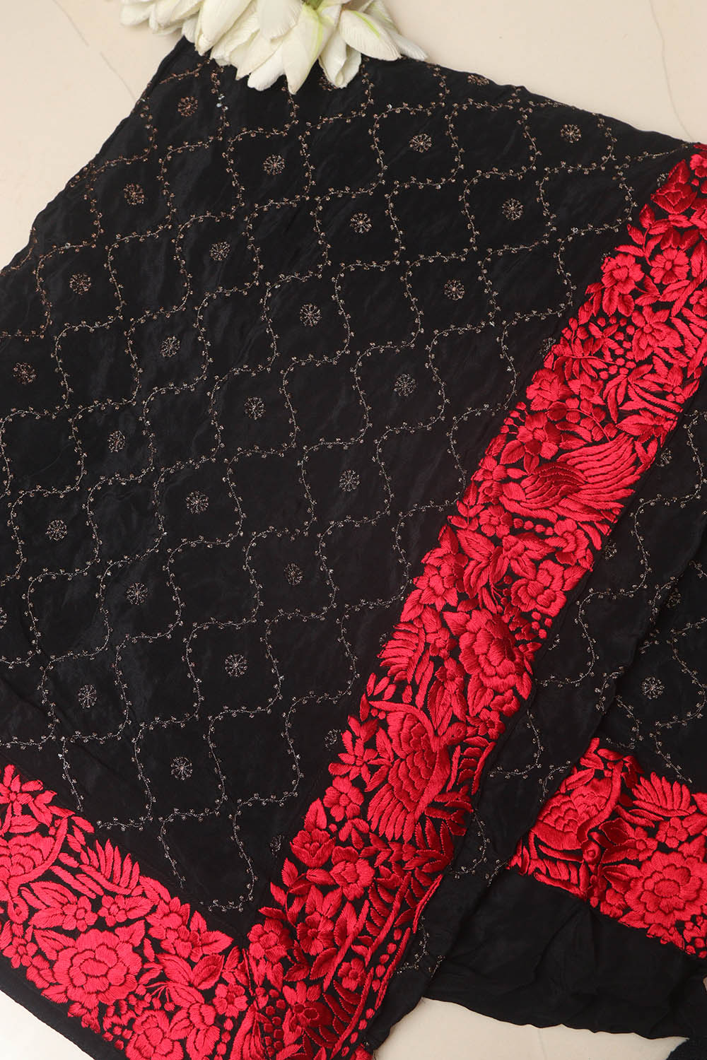 Black And Red Hand Embroidered Parsi Gara Border Crepe Flower Design Saree - Luxurion World