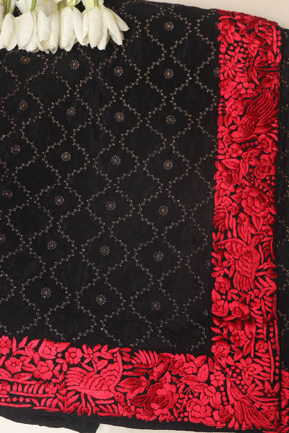 Black And Red Hand Embroidered Parsi Gara Border Crepe Flower Design Saree - Luxurion World