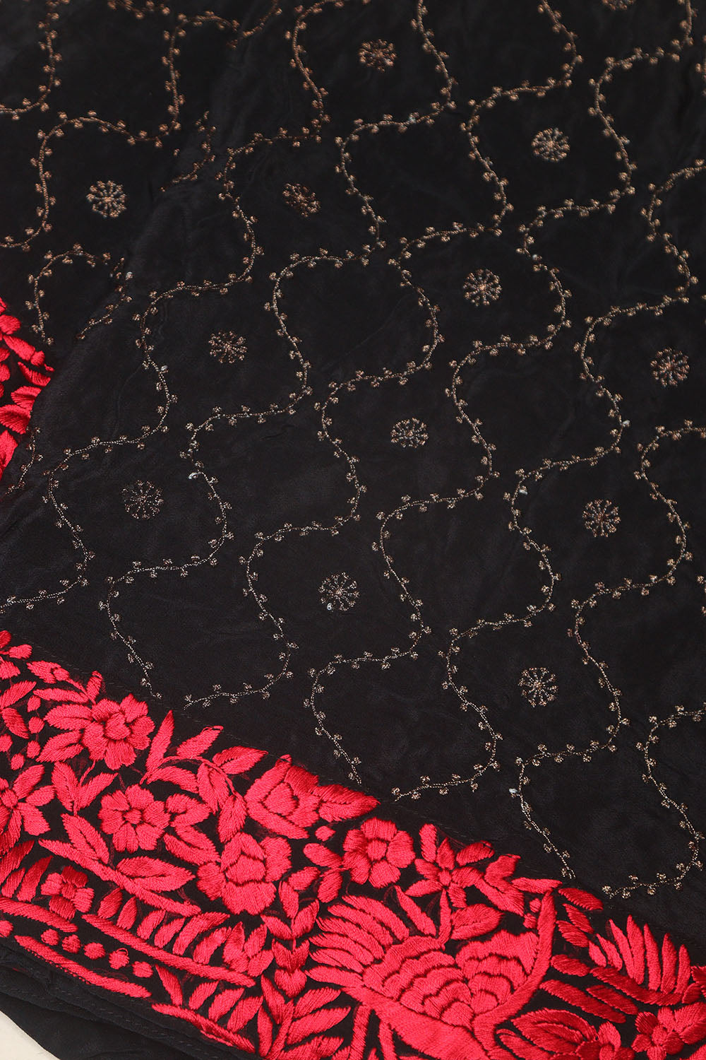 Black And Red Hand Embroidered Parsi Gara Border Crepe Flower Design Saree - Luxurion World