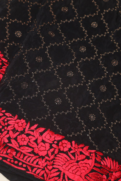 Black And Red Hand Embroidered Parsi Gara Border Crepe Flower Design Saree - Luxurion World