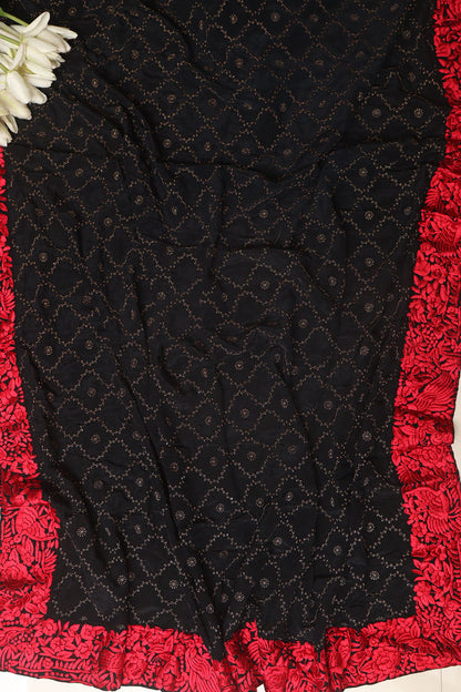 Black And Red Hand Embroidered Parsi Gara Border Crepe Flower Design Saree - Luxurion World