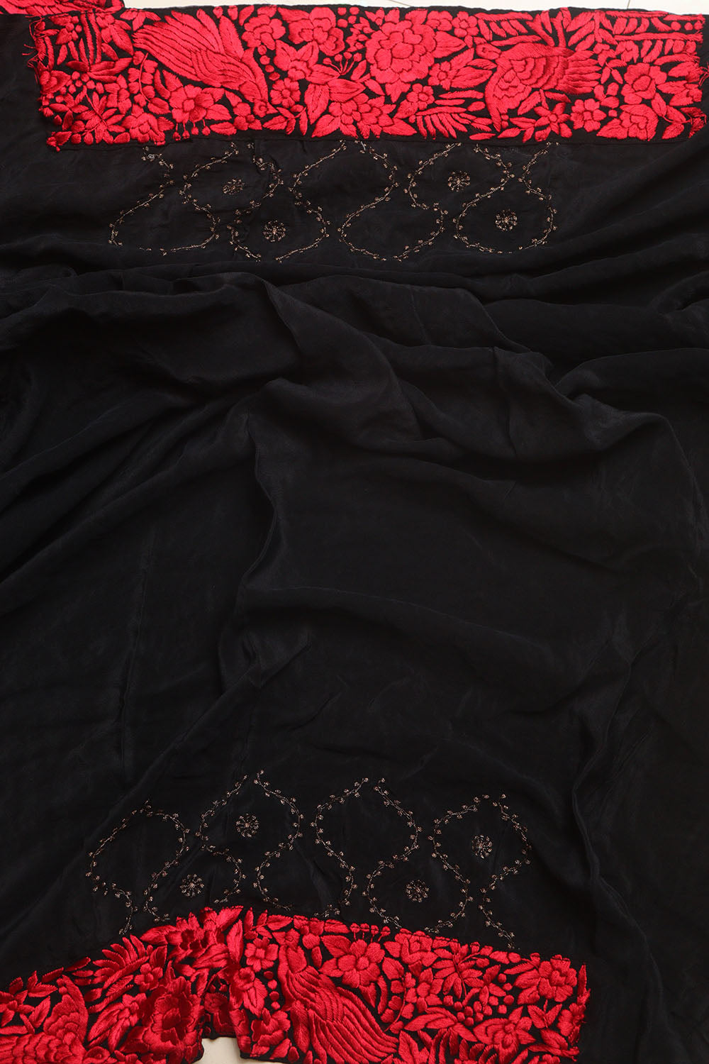 Black And Red Hand Embroidered Parsi Gara Border Crepe Flower Design Saree - Luxurion World