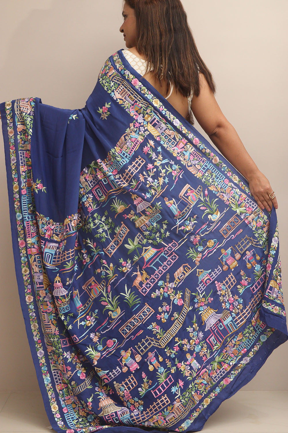 Blue Hand Embroidered Parsi Gara Crepe Cheena Cheeni Design Saree - Luxurion World