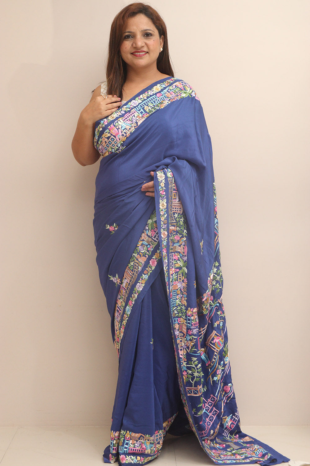 Blue Hand Embroidered Parsi Gara Crepe Cheena Cheeni Design Saree - Luxurion World
