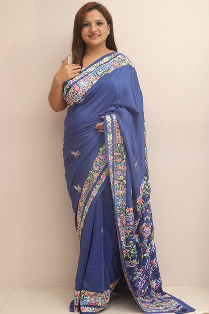 Blue Hand Embroidered Parsi Gara Crepe Cheena Cheeni Design Saree - Luxurion World