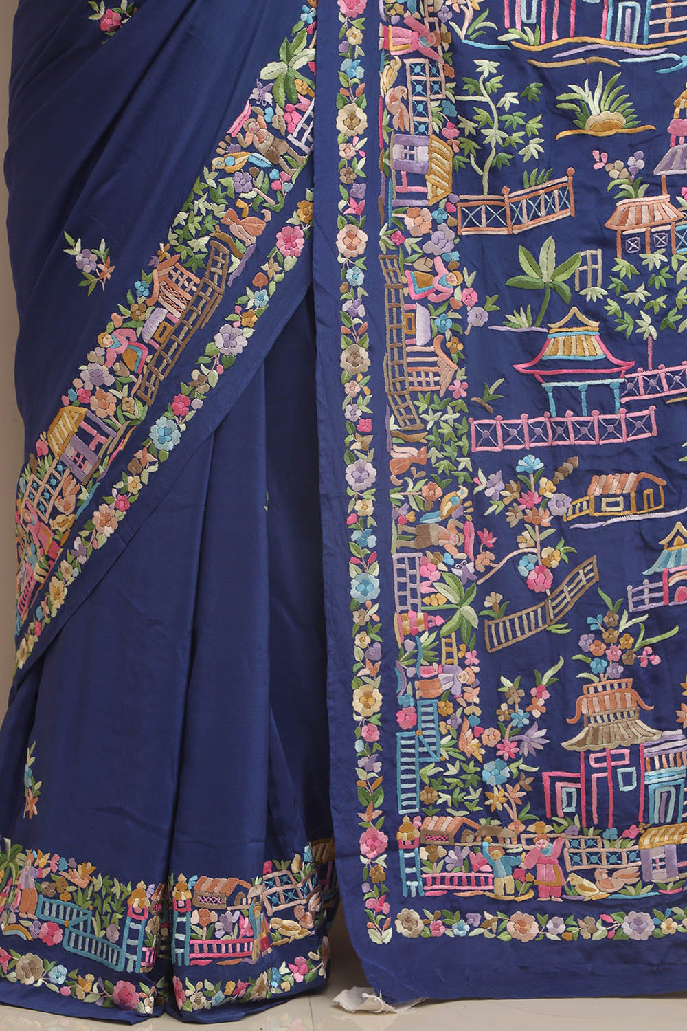 Blue Hand Embroidered Parsi Gara Crepe Cheena Cheeni Design Saree - Luxurion World