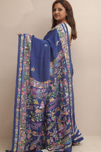Blue Hand Embroidered Parsi Gara Crepe Cheena Cheeni Design Saree - Luxurion World