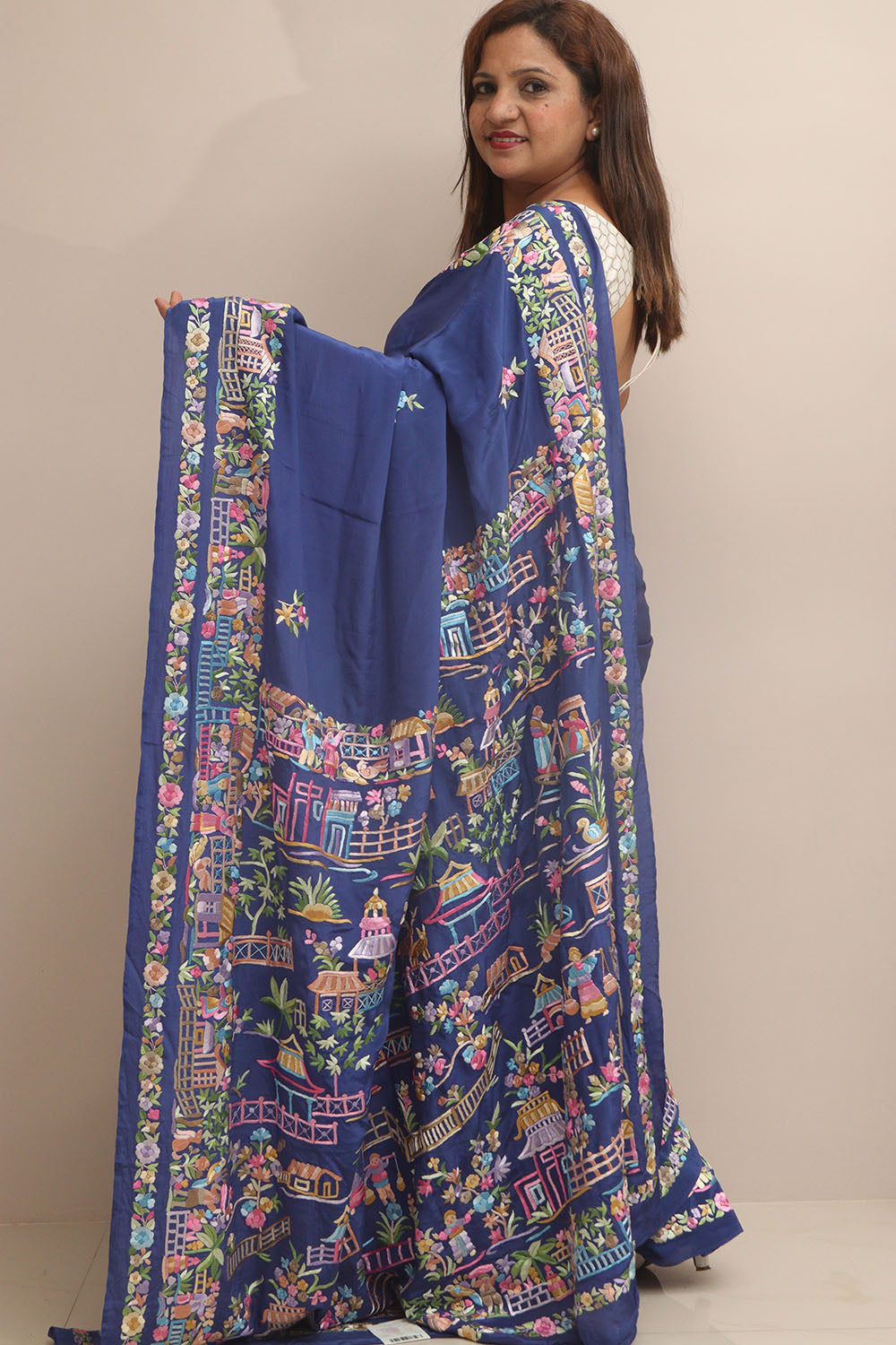Blue Hand Embroidered Parsi Gara Crepe Cheena Cheeni Design Saree - Luxurion World
