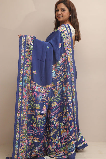 Blue Hand Embroidered Parsi Gara Crepe Cheena Cheeni Design Saree - Luxurion World