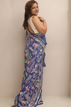 Blue Hand Embroidered Parsi Gara Crepe Cheena Cheeni Design Saree - Luxurion World