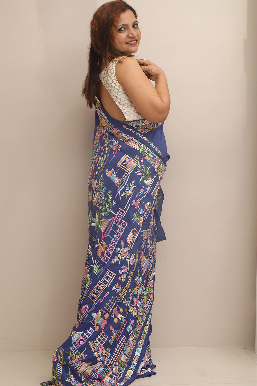 Blue Hand Embroidered Parsi Gara Crepe Cheena Cheeni Design Saree - Luxurion World