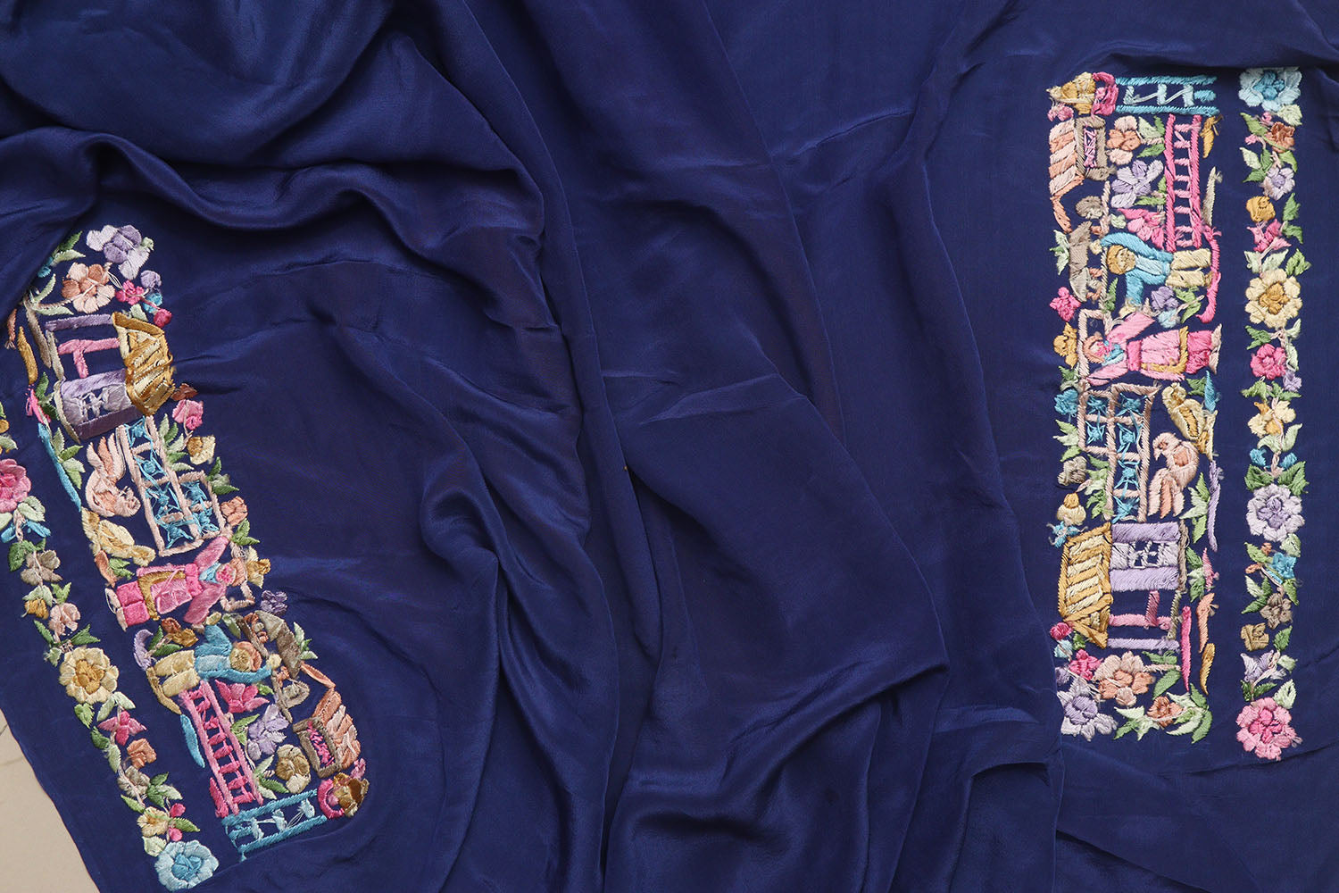 Blue Hand Embroidered Parsi Gara Crepe Cheena Cheeni Design Saree - Luxurion World