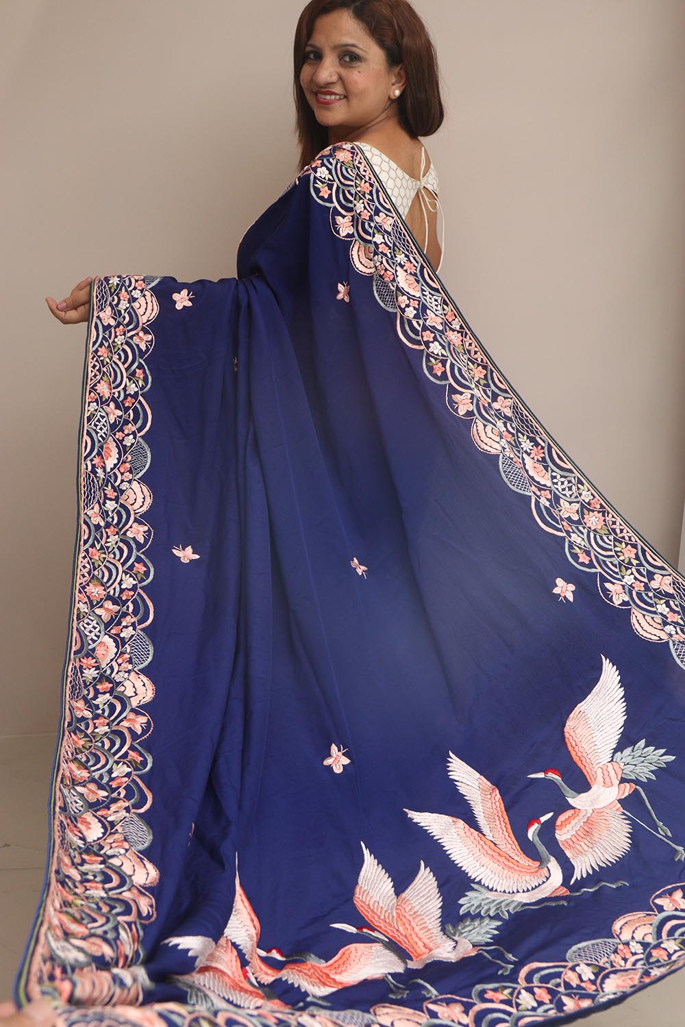 Blue Hand Embroidered Parsi Gara Crepe Flower And Bird Design Saree - Luxurion World