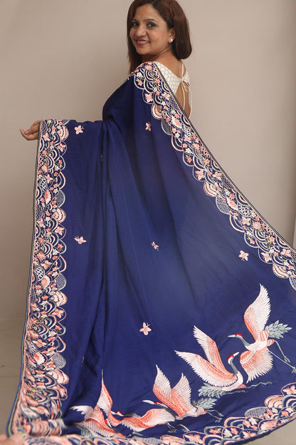 Blue Hand Embroidered Parsi Gara Crepe Flower And Bird Design Saree - Luxurion World