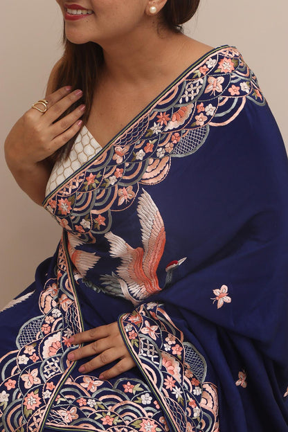 Blue Hand Embroidered Parsi Gara Crepe Flower And Bird Design Saree - Luxurion World