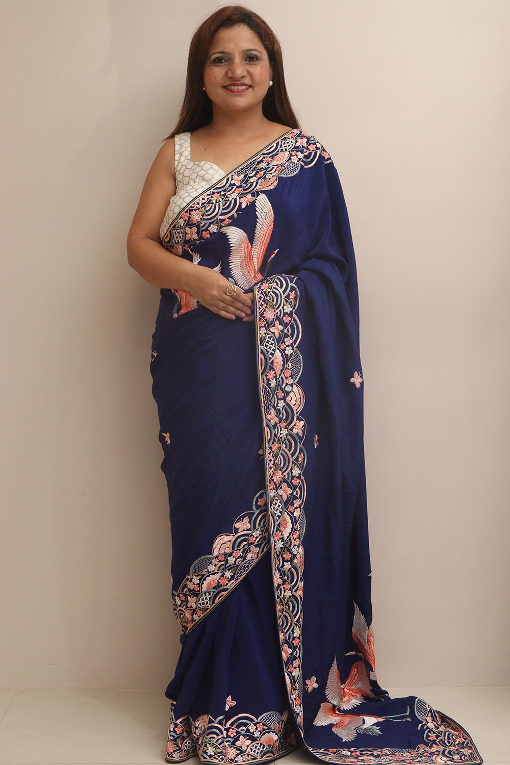 Blue Hand Embroidered Parsi Gara Crepe Flower And Bird Design Saree - Luxurion World