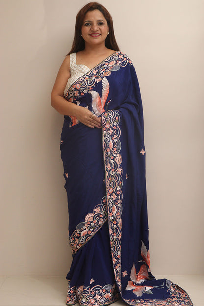 Blue Hand Embroidered Parsi Gara Crepe Flower And Bird Design Saree - Luxurion World